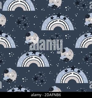 Cute nursery seamless pattern in Scandinavian style with rainbow, moon, clouds and stars. Childish bedtime vector  illustration for design and print. Stock Vector
