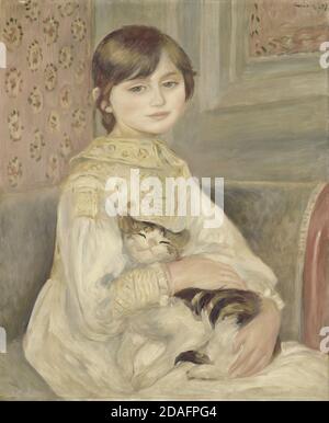 Title: Julie Manet with Cat Creator: Pierre Auguste Renoir Date:  1887 Medium: oil on canvas Dimension: 65 x 54 cm Location: Musee d'Orsay, Paris Stock Photo