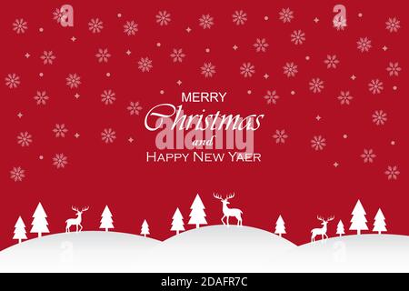 Merry Christmas lettering banner with a red background and white winter idyll with snow and deer. Xmas template card design Concept Stock Vector