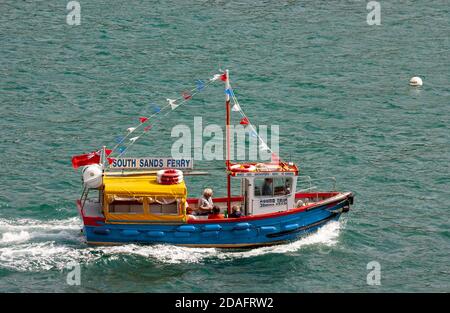 The South Sands passenger ferry runs between the centre of Salcombe and the beach of South Sands at the entrance to Salcombe Harbour, Devon,England,UK Stock Photo