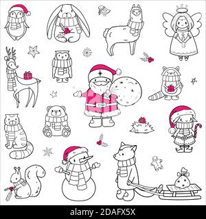 Christmas animals and characters set. Hand drawn doodle outline vector illustration. Santa, elf, snowman, angel, cat, raccoon, bear, squirrel, bunny Stock Vector