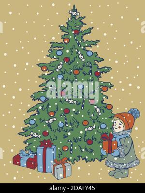 Vector Xmas postcard design with decorated Christmas tree and girl with gift box. New year illustration. Stock Vector