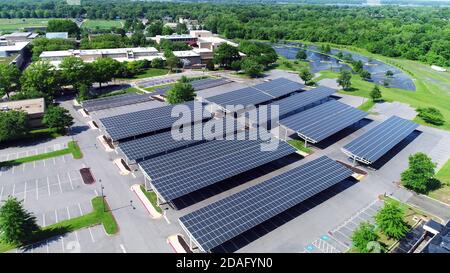 aerial view of solar panels installed in roof of parking Stock Photo