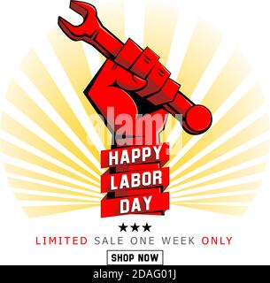 Red fist with wrench on background of sunlight. Limited holiday sale on Labor Day. Illustration, vector Stock Vector