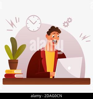 Flat stressful busy young man workload at work. Concept blockage tired employee, workplace with paper. Remote Freelance Work Concept. Man Freelancer Stock Vector
