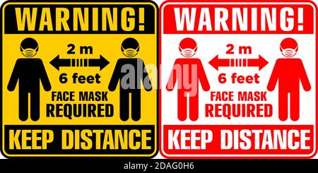 Social Distancing icon. Keep Distance 6 Feet or 2 m warning sign. Face mask required. Illustration, vector. Stock Vector