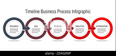 Business process strategy. Timeline chart infographics with 5 steps, circles, arrows. Illustration, vector Stock Vector