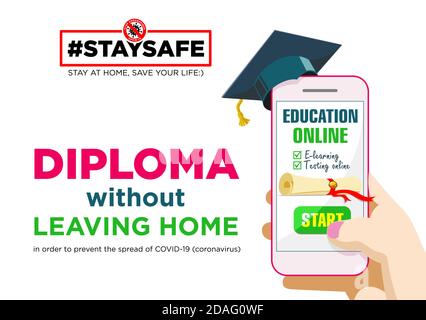 Stay home with your social media campaign and prevent coronavirus infection. Graduate cap and diploma, certificate of completion education from mobile Stock Vector