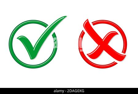 Yes or no, approved or rejected green and red checkmarks  in round for buttons or stickers. Illustration, vector Stock Vector