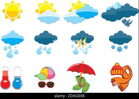 Weather Icon Set. Weather, thermometer, sun, cloud, rain, lightning, snow. Clothing - cap, glasses, rubber boots, umbrella, hat, scarf Stock Vector