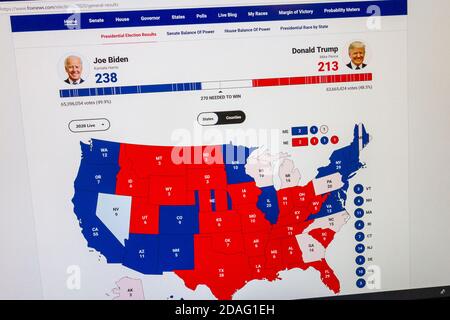 Fox News screenshot showing state of play on a map of the United States during the 2020 Presidential Election on 4th November 2020. Stock Photo