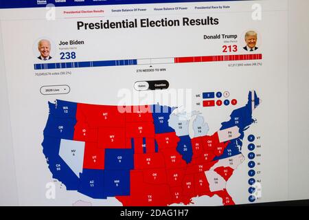 Fox News screenshot showing state of play on a map of the United States during the 2020 Presidential Election on 4th November 2020. Stock Photo