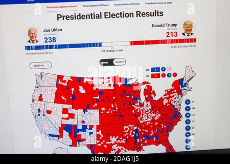 Fox News screenshot showing state of play in counties on a map of the United States during the 2020 Presidential Election on 4th November 2020. Stock Photo