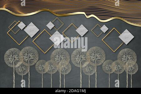 3d mural floral wallpaper. golden and black flowers and leaves. 3d