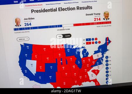 Fox News screenshot showing state of play on a map of the United States during the 2020 Presidential Election on 5th November 2020. Stock Photo