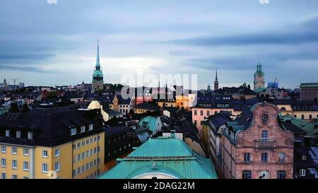 Gamla Stan buildings in the old town, aerial view, Stockholm, Sweden Stock Photo