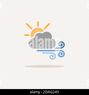 Strong wind, sun and cloud. Color icon with shadow. Weather glyph vector illustration Stock Vector