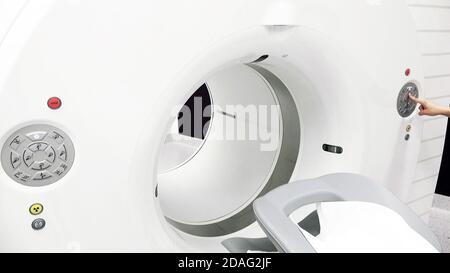 modern MRI Scanner machine at hospital , Medical Equipment and Health Care. Stock Photo