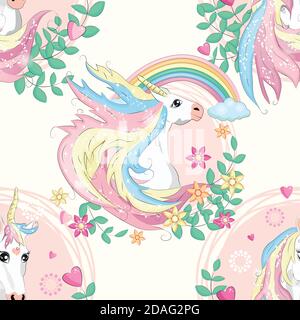 Seamless pattern with unicorns, donuts rainbow, confetti and other elements Stock Vector