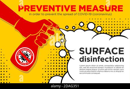 Surface disinfection concept against coronavirus. Human hand in glove holds bottle of antibacterial spray. Illustration in comic style, vector Stock Vector
