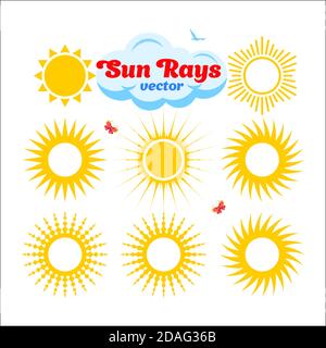 Flat sun icon. Sun rays of various shapes. Sun pictogram. Trendy vector summer symbol for website design, web button, mobile app. Template vector illu Stock Vector