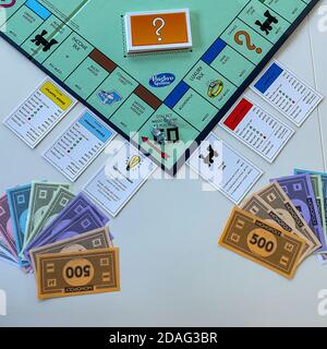 Orlando, FL/USA-12/20/19:  Pieces for the game Monopoly by Hasbro on a white background.  Concept business, banking, and property. Stock Photo