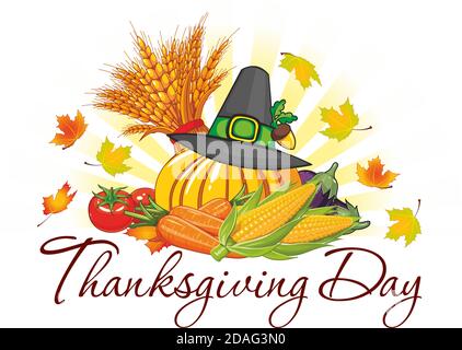 Thanksgiving day rich autumn harvest of vegetables and ears of wheat. Greeting card, illustration, vector. Stock Vector