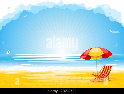 Beautiful sandy beach with a deck chair and an umbrella awaits tourist. Blue calm sea and sky with airplane flying in the clouds. Summer holiday backg Stock Vector