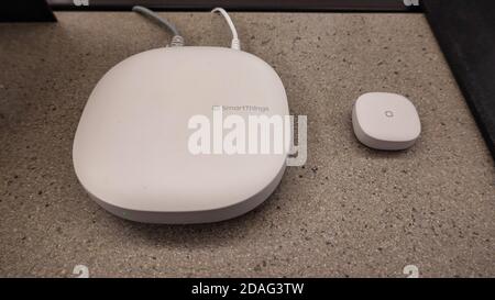 Seattle, WA/USA-9/15/19:  A SmartThings Hub on display at an Amazon Bookstore. SmartThings lets users control, monitor, and secure their home from any Stock Photo