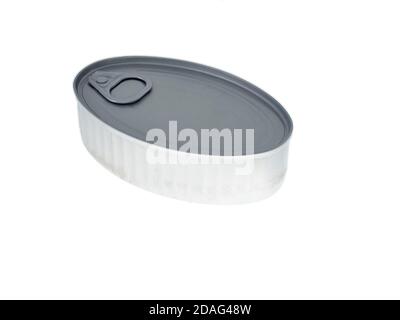 Different types of cans with prepared foods for consumption, vegetables, fish and meat Stock Photo