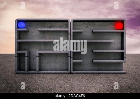 Two different mazes one with exit and the other without at sunset magenta day. Stocks That Investors Are Better Off Not Buying or looking for right st Stock Photo