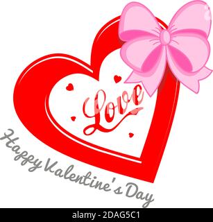 Valentine Day red heart and pink ribbon. Greeting card. Illustration, vector Stock Vector