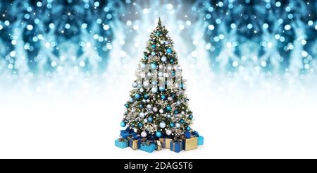 decorated christmas tree full of blue and silver balls, decorations and many gift wrapped  packages isolated on white and blurred lights background Stock Photo