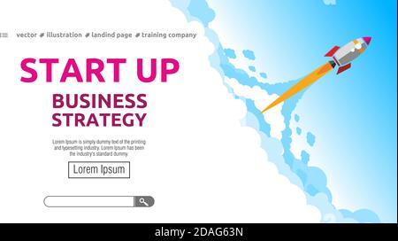 Launching business strategy rocket. Startup concept landing page design. Illustration, vector Stock Vector