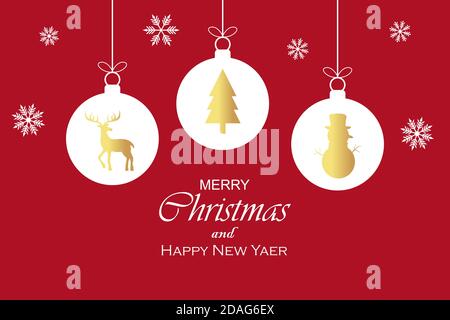 Christmas ball ornaments hanging isolated on red background with text Merry Christmas and happy new year. Xmas template with copy space Stock Vector