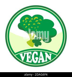 Vegan green round icon with broccoli. Flat design vector illustration. Stock Vector