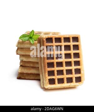 Stack  of toasting waffles with chocolate isolated on white Stock Photo