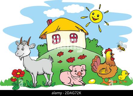 Ukrainian village - house and pets, animals on farm Stock Vector