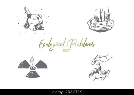 Ecological problems - saving of rare species, pollution, global wrming vector concept set Stock Vector