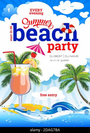 Pool summer party invitation banner flyer design. Water, waves, palm trees, inflatable lifebuoy. Beach party vector poster template. Stock Vector