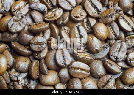 scattered freshly roasted coffee beans Stock Photo