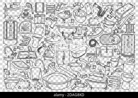 Plumbing fixtures doodle set Stock Vector