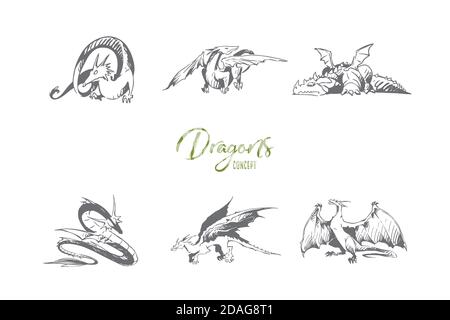 Dragons - different types of dragons vector concept set Stock Vector