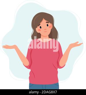 Woman shrugging with a curious expression, doubt or question, vector illustration in flat style Stock Vector