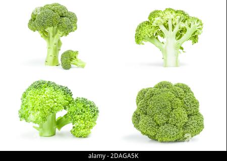 Collage of broccoli floret close-up isolated on white background Stock Photo