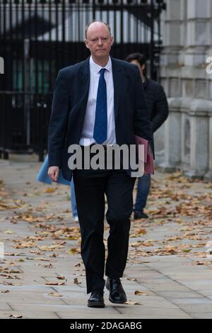 London, UK. 12th November, 2020. Professor Chris Whitty, Chief Medical Officer (CMO) and Chief Scientific Adviser to the Department of Health and Social Care walks towards the Cabinet Office. The CMO acts as the UK governmentÕs principal medical adviser, as well as the professional head of directors of public health in local government and the medical profession in government. Credit: Mark Kerrison/Alamy Live News Stock Photo