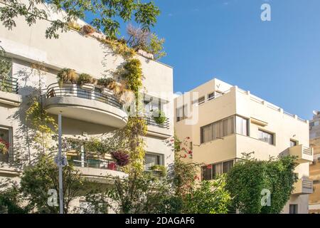 Bauhaus style apartment buildings exterior view, tel aviv, israel Stock Photo