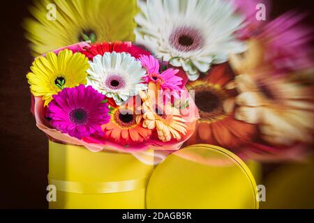 Blurred floral background, double exposure, colorful multicolored gerbera flowers in yellow box. Concept of holidays and gifts