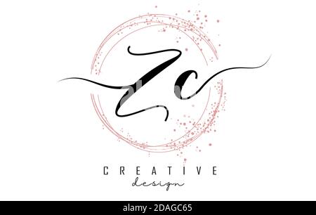 Handwritten ZC Z C letter logo with sparkling circles with pink glitter ...