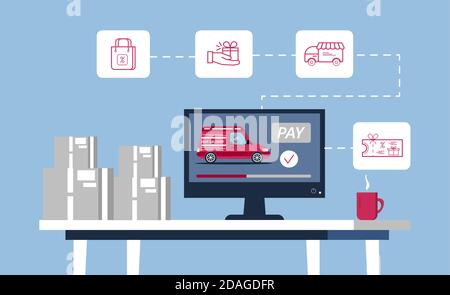 Online order concept vector. Purchase in online store. Gift voucher in internet. Sale shopping and contactless delivery in quarantine. Put goods in ca Stock Vector